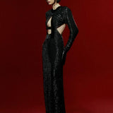 Black Chiffon Maxi Dress with Embroidery and Velvet Open Front Detail