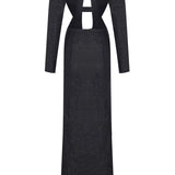 Black Chiffon Maxi Dress with Embroidery and Velvet Open Front Detail