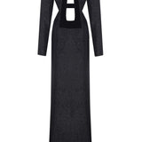 Black Chiffon Maxi Dress with Embroidery and Velvet Open Front Detail