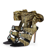 Metallic Gold High Heels with Green Crystal Buckles