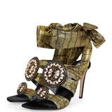 Metallic Gold High Heels with Black Crystal Buckles