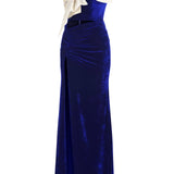 Bow Tie Detailed One Shouldered Maxi Dress with High Slit