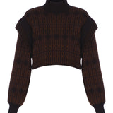 High Neck Knit Wool Sweather with Fringe Details