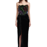 Strapless Floral Detailed Corset With Velvet Maxi Skirt