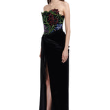 Strapless Floral Detailed Corset With Velvet Maxi Skirt