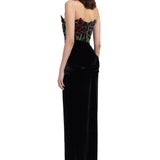 Strapless Floral Detailed Corset With Velvet Maxi Skirt