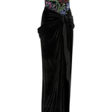 Strapless Floral Detailed Corset With Velvet Maxi Skirt