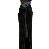 Strapless Floral Detailed Corset With Velvet Maxi Skirt