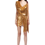 Gold Metal Cowl Neck Draped Mini Dress