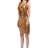 Gold Metal Cowl Neck Draped Mini Dress