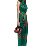 Rose Patterned Halter Neck Draped Midi Dress With Gold Buckles
