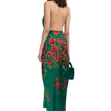 Rose Patterned Halter Neck Draped Midi Dress With Gold Buckles
