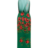 Rose Patterned Halter Neck Draped Midi Dress With Gold Buckles