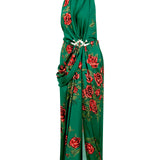 Rose Patterned Halter Neck Draped Midi Dress With Gold Buckles