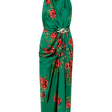 Rose Patterned Halter Neck Draped Midi Dress