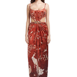 Marouetry Patterned Velvet Maxi Dress With Corset And Gold Buckle