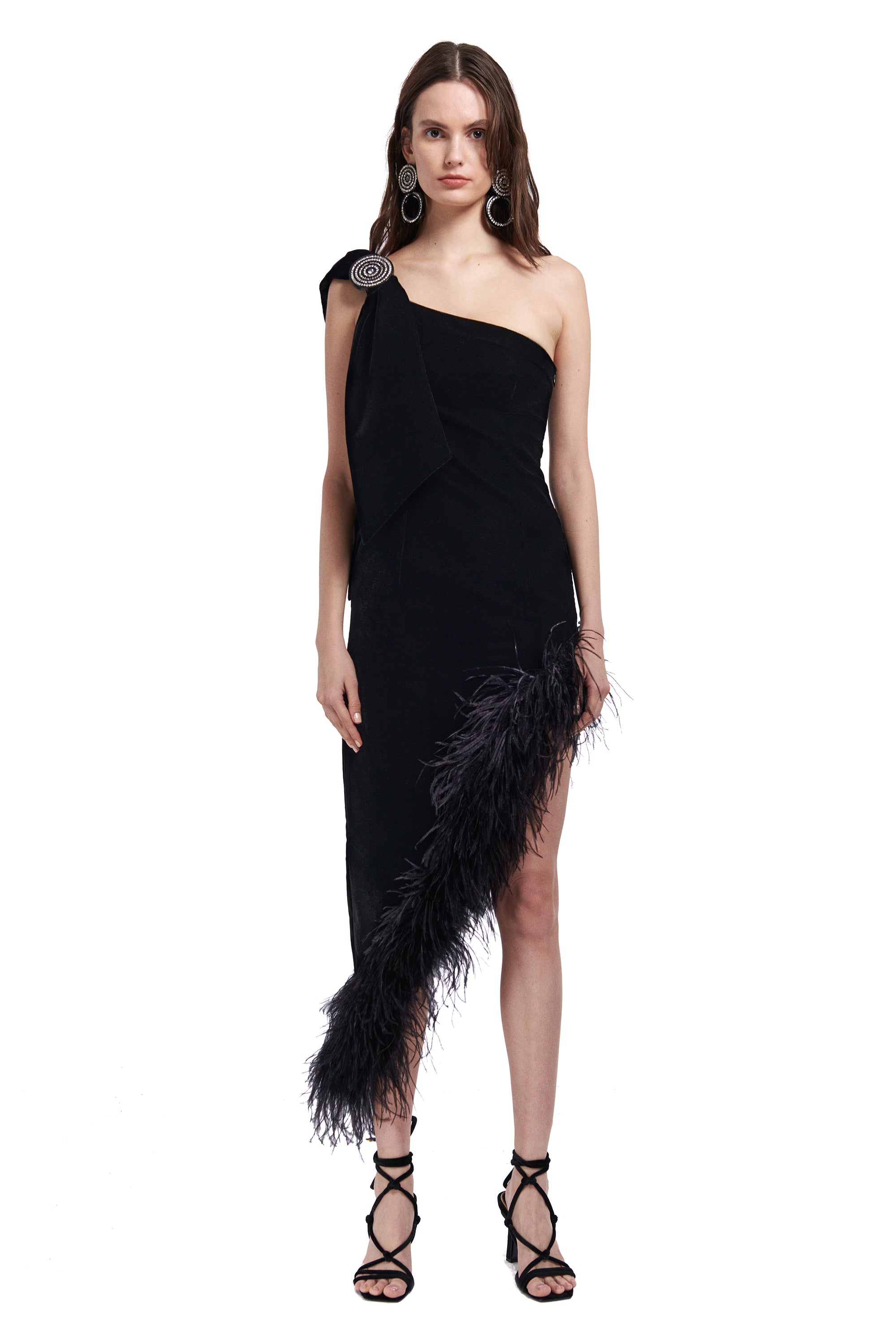 Velvet Asymmetrical Midi Dress With Feather Details