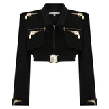 Crop Jacket With Gold Gun Buckles And Pocket Details