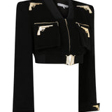 Crop Jacket With Gold Gun Buckles And Pocket Details