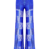 Square Patterned Crystal Embellished Lace Flared Pants