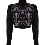 High Neck Velvet Knit Sweater With Crystal Embroidered