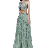 Silk Chiffon Lazer Cut Crystal Detailed Maxi Skirt