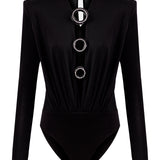 V Neck Bodysuit With Crystal Buttons