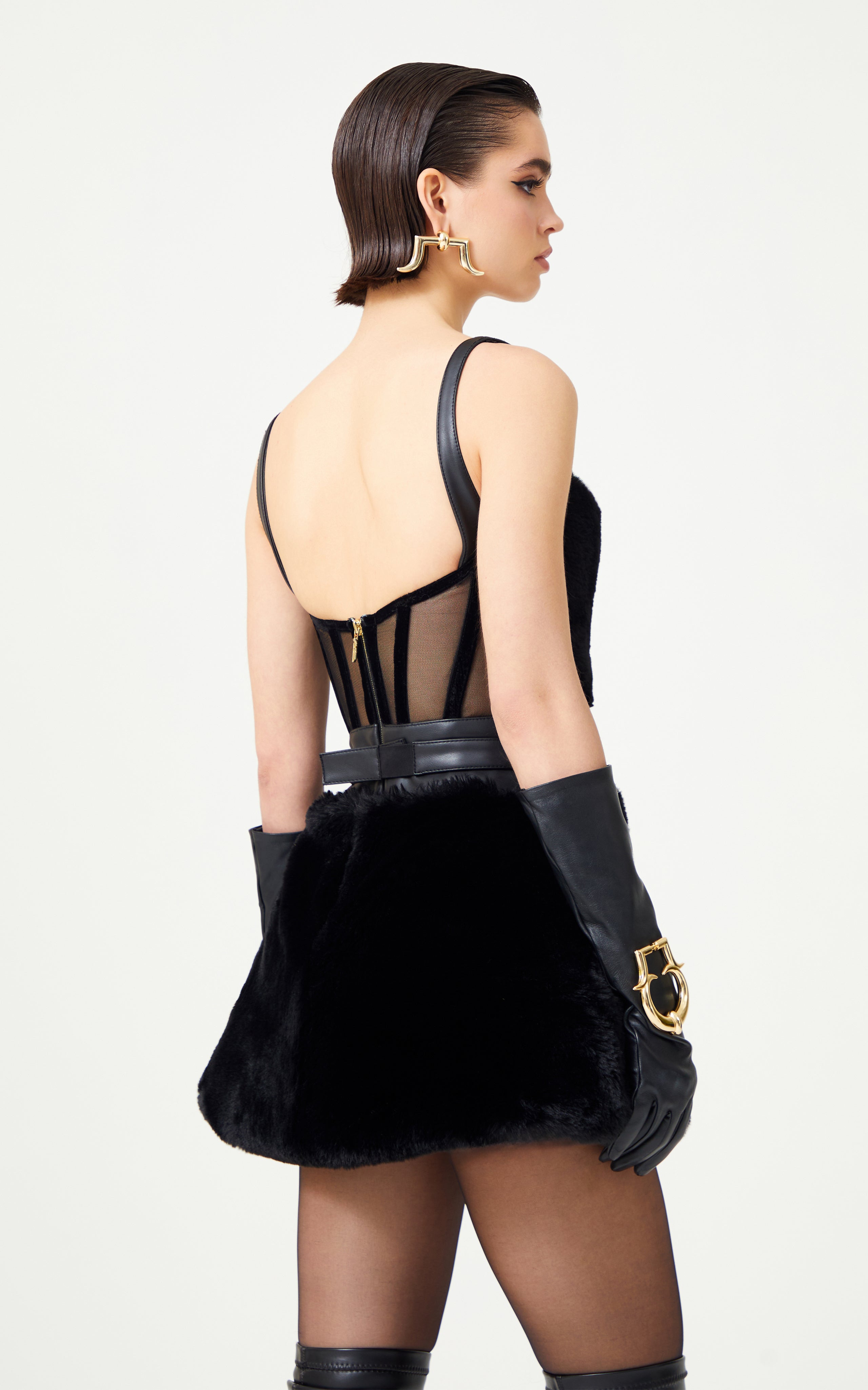 Black Leather Mini Dress With Fur Skirt And Gold Buckle Detailed Belt RAISA VANESSA INT Black Leather Mini Dress With Fur Skirt And Gold Buckle Detailed Belt RAISA VANESSA INT