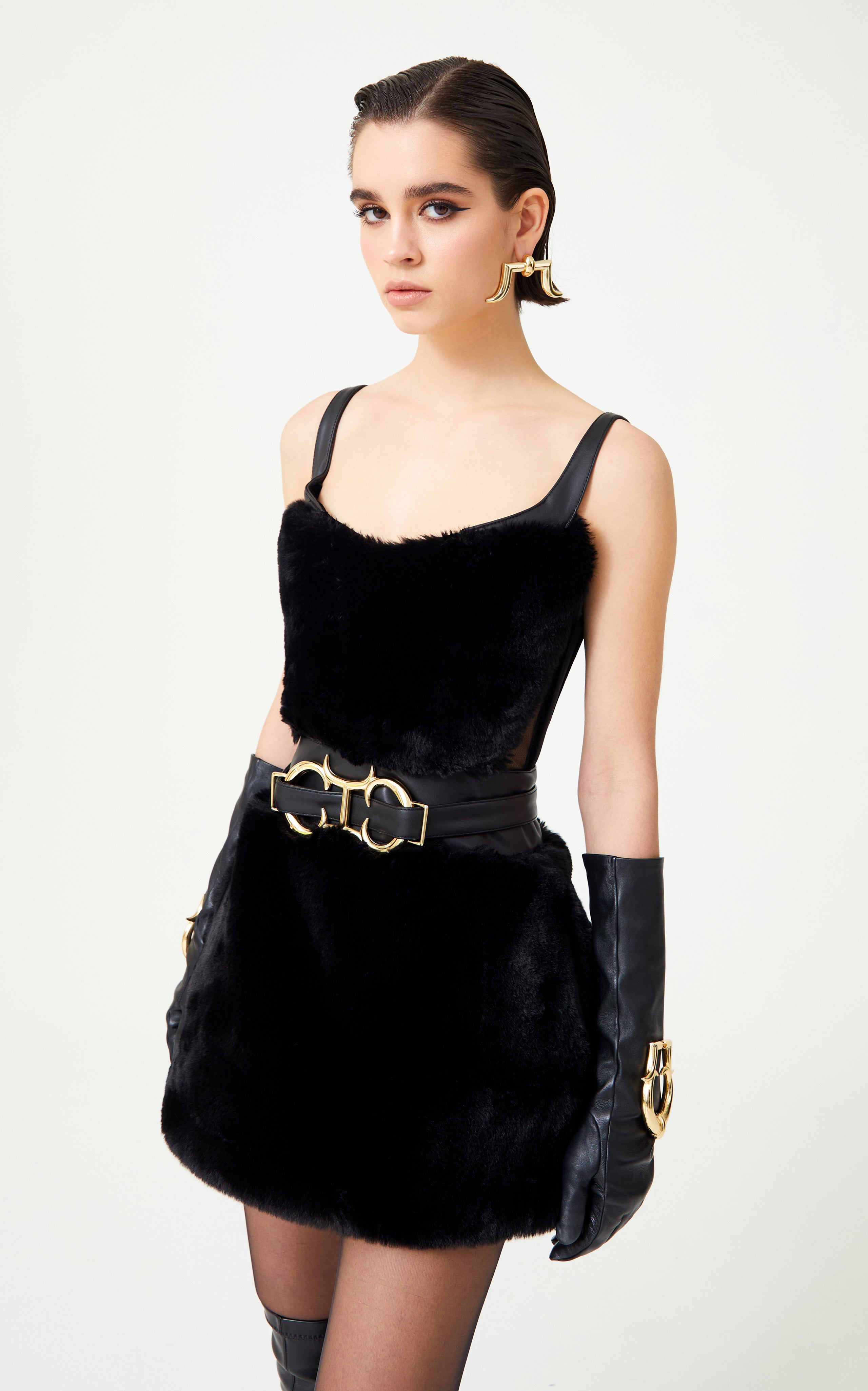 Black Leather Mini Dress With Fur Skirt And Gold Buckle Detailed Belt RAISA VANESSA INT Black Leather Mini Dress With Fur Skirt And Gold Buckle Detailed Belt RAISA VANESSA INT