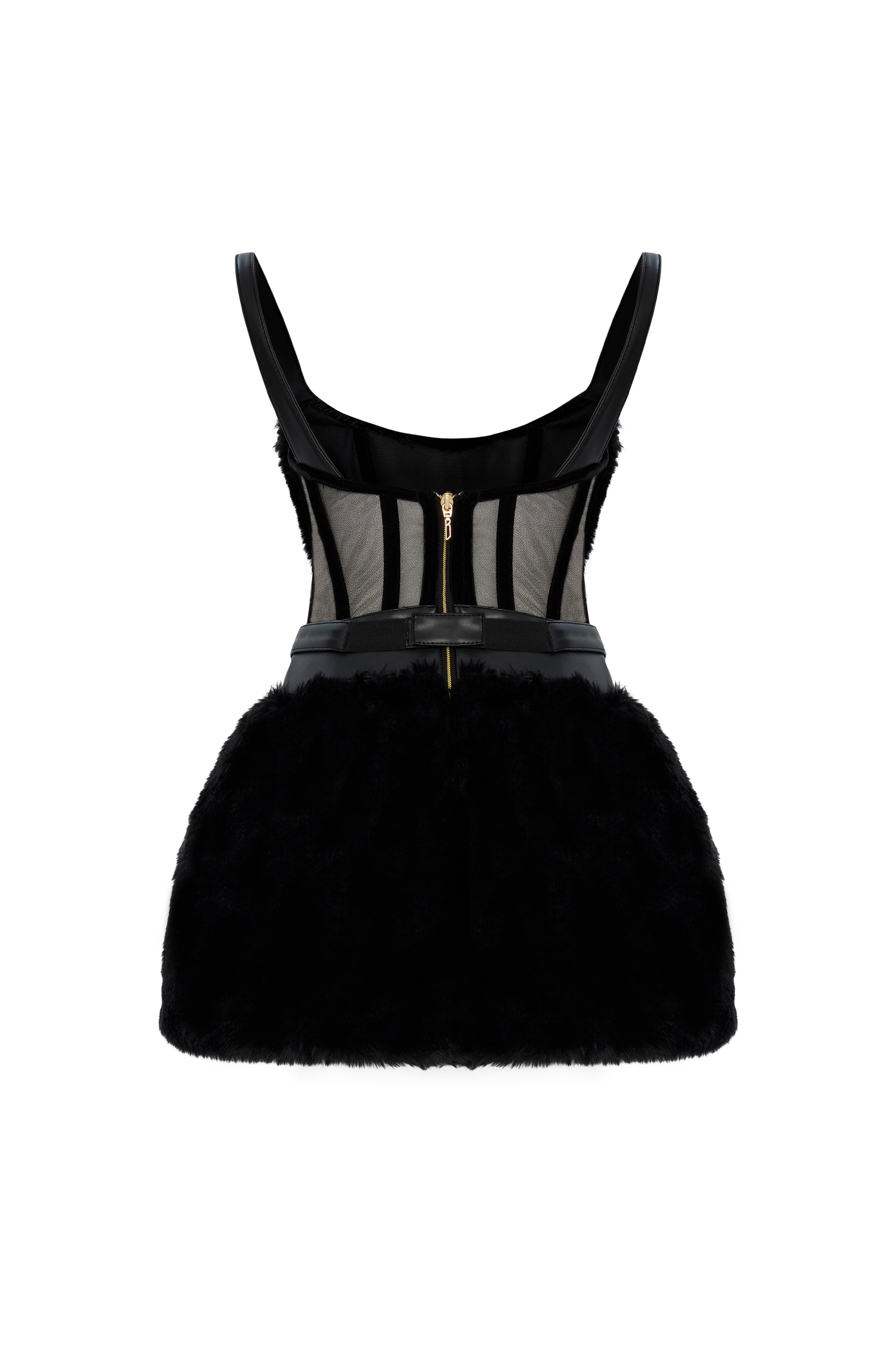 Black Leather Mini Dress With Fur Skirt And Gold Buckle Detailed Belt RAISA VANESSA INT Black Leather Mini Dress With Fur Skirt And Gold Buckle Detailed Belt RAISA VANESSA INT