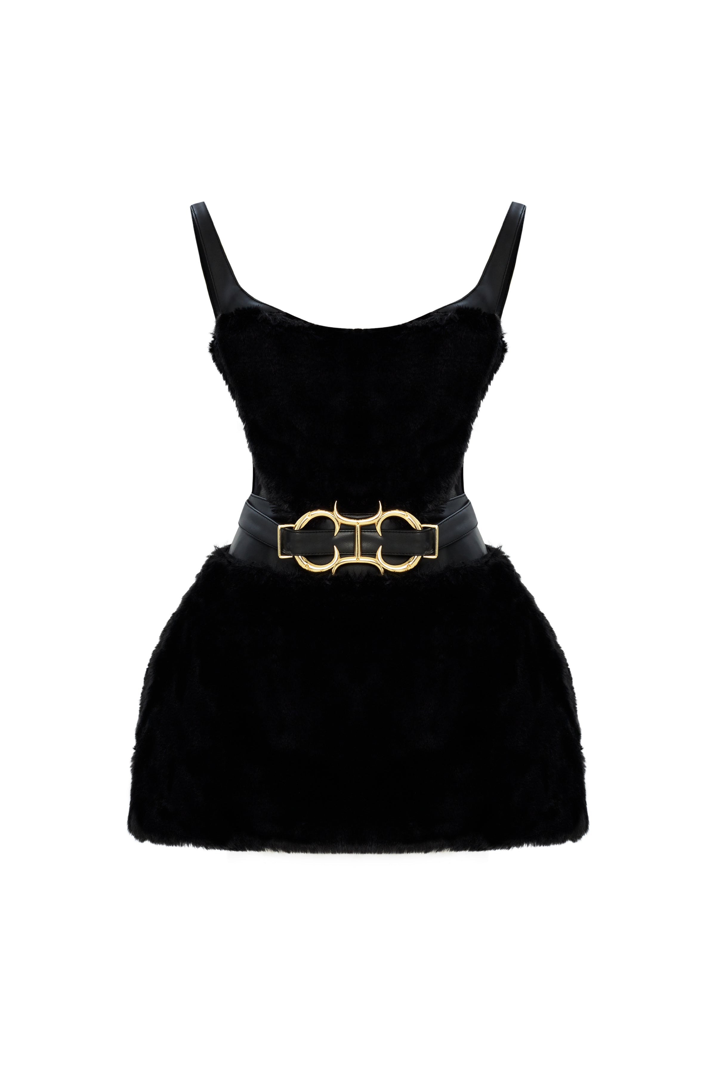 Black Leather Mini Dress With Fur Skirt And Gold Buckle Detailed Belt RAISA VANESSA INT Black Leather Mini Dress With Fur Skirt And Gold Buckle Detailed Belt RAISA VANESSA INT