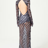 Anthracite Handmade Knitted Sequin Embroidered Long Sleeve High Neck Backless Gown