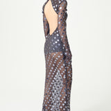 Anthracite Handmade Knitted Sequin Embroidered Long Sleeve High Neck Backless Gown