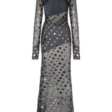 Anthracite Handmade Knitted Sequin Embroidered Long Sleeve High Neck Backless Gown