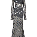 Anthracite Handmade Knitted Sequin Embroidered Long Sleeve High Neck Backless Gown