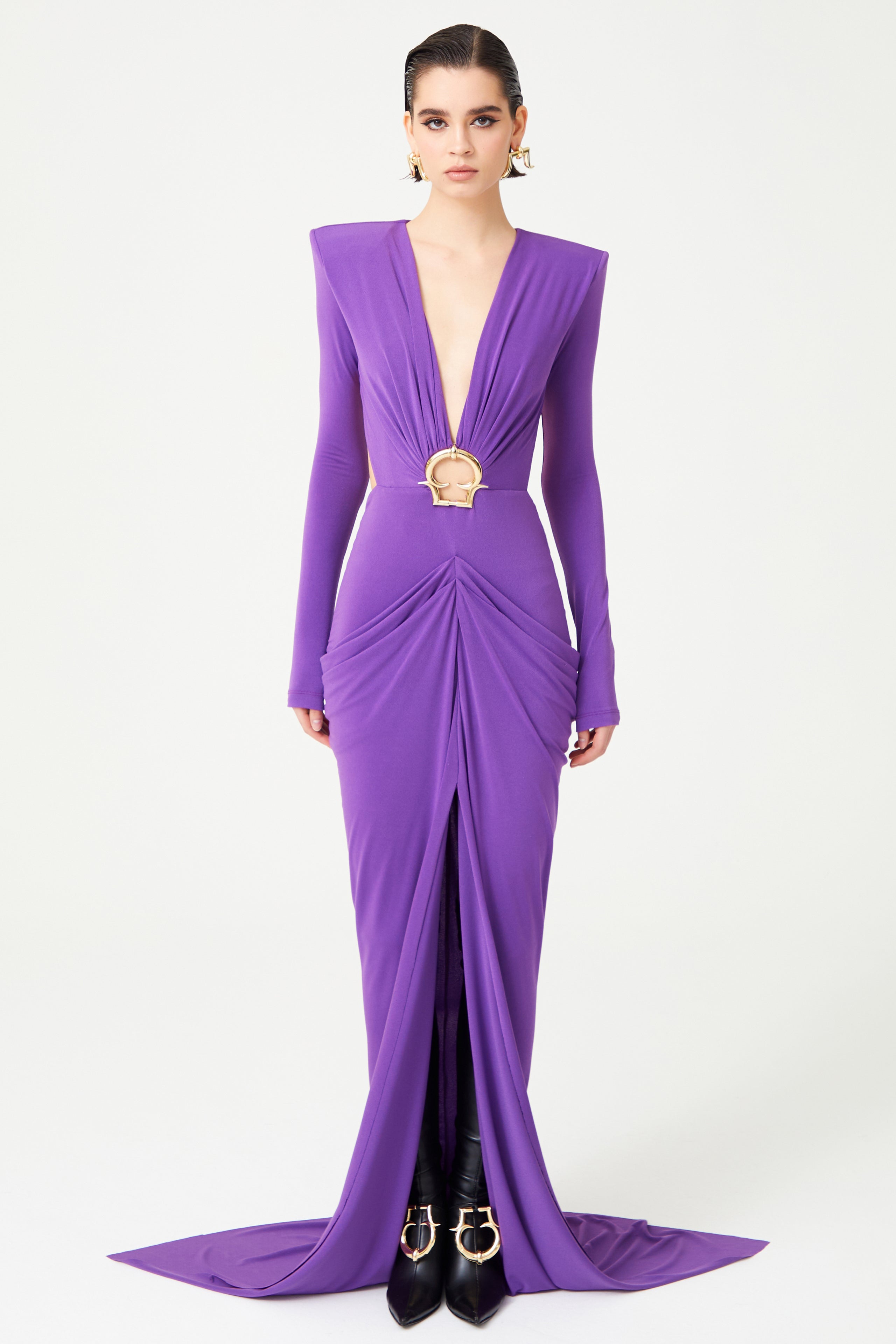 Lilac V-Neck Draped Maxi Dress With Metallic Accessories RAISA VANESSA INT Lilac V-Neck Draped Maxi Dress With Metallic Accessories RAISA VANESSA INT