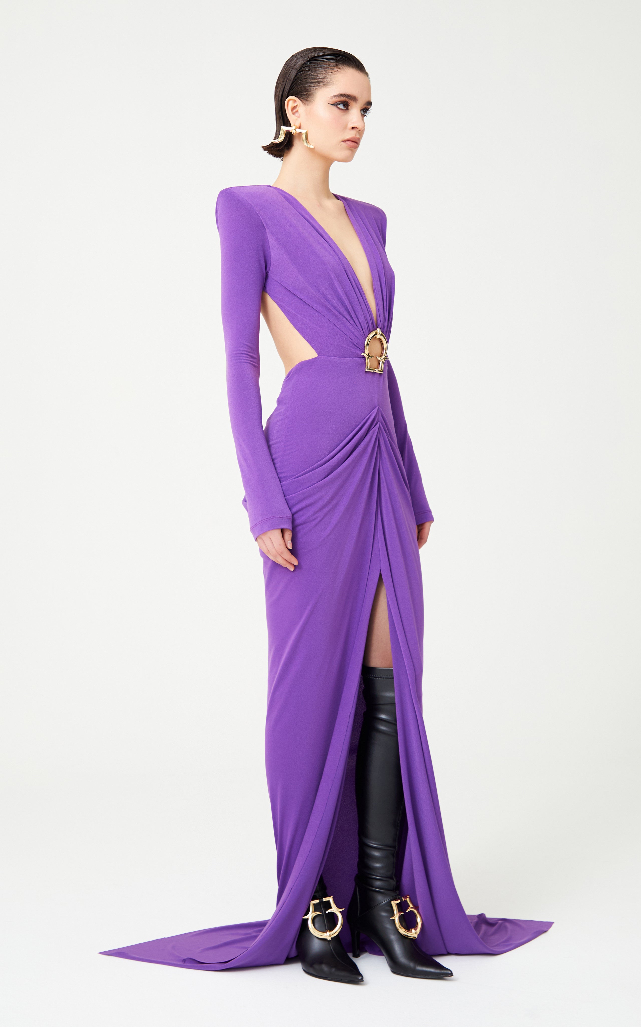 Lilac V-Neck Draped Maxi Dress With Metallic Accessories