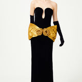 Black Velvet Strapless Dress With Handmade Gold Flower Detail