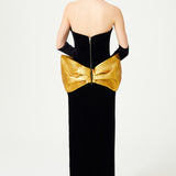 Black Velvet Strapless Dress With Handmade Gold Flower Detail