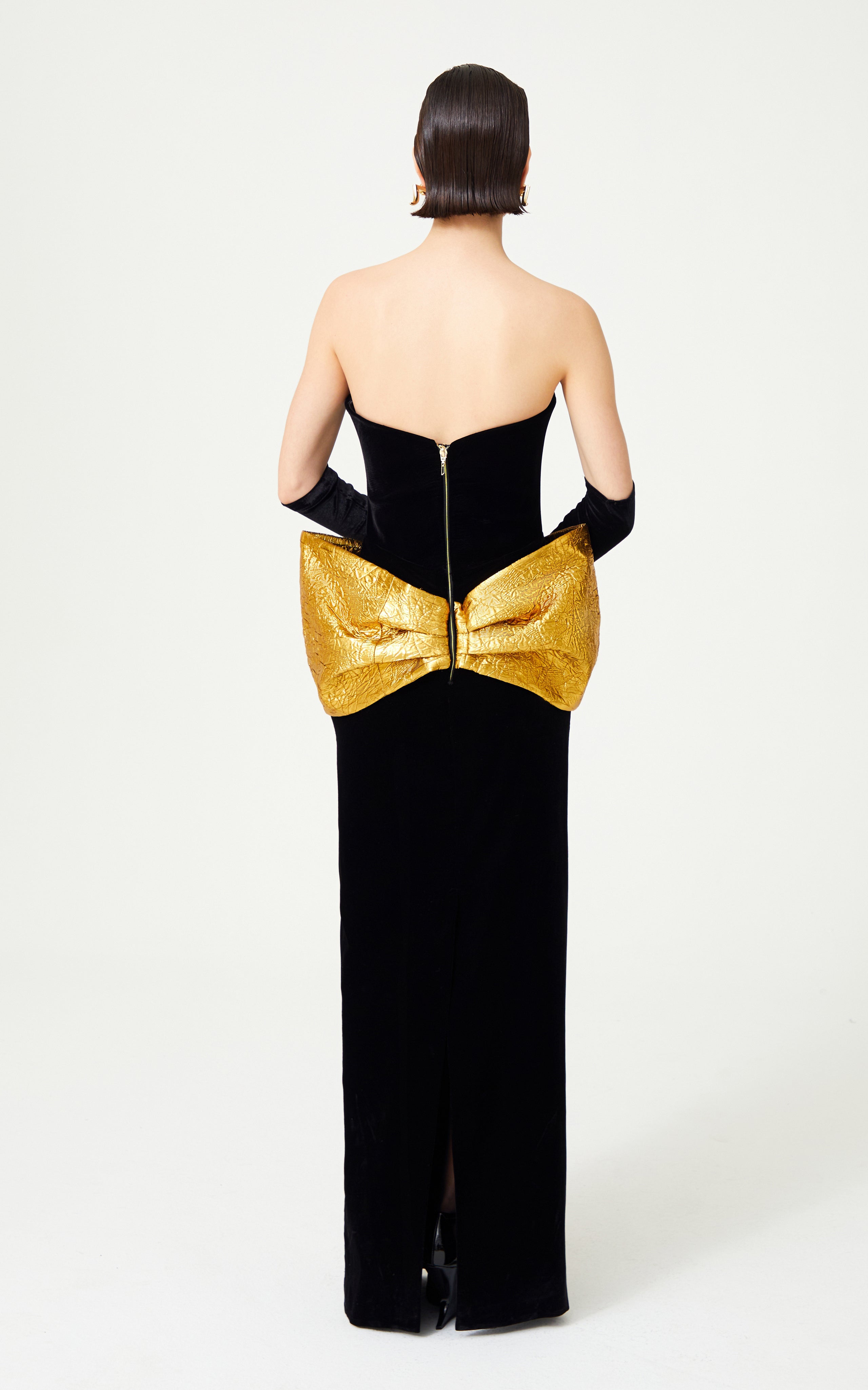 Black Velvet Strapless Dress With Handmade Gold Flower Detail RAISA VANESSA INT Black Velvet Strapless Dress With Handmade Gold Flower Detail RAISA VANESSA INT