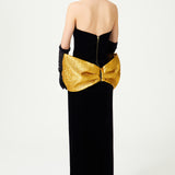 Black Velvet Strapless Dress With Handmade Gold Flower Detail