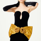 Black Velvet Strapless Dress With Handmade Gold Flower Detail