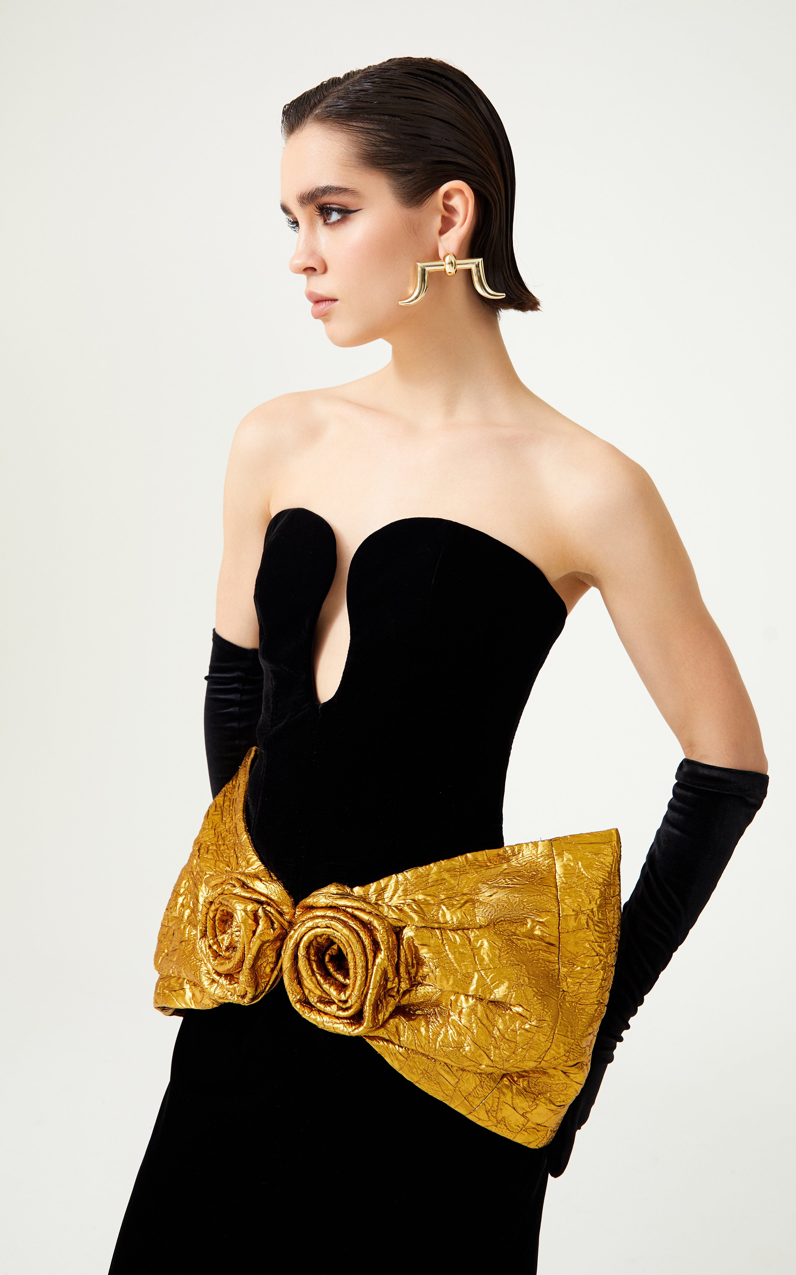 Black Velvet Strapless Dress With Handmade Gold Flower Detail RAISA VANESSA INT Black Velvet Strapless Dress With Handmade Gold Flower Detail RAISA VANESSA INT
