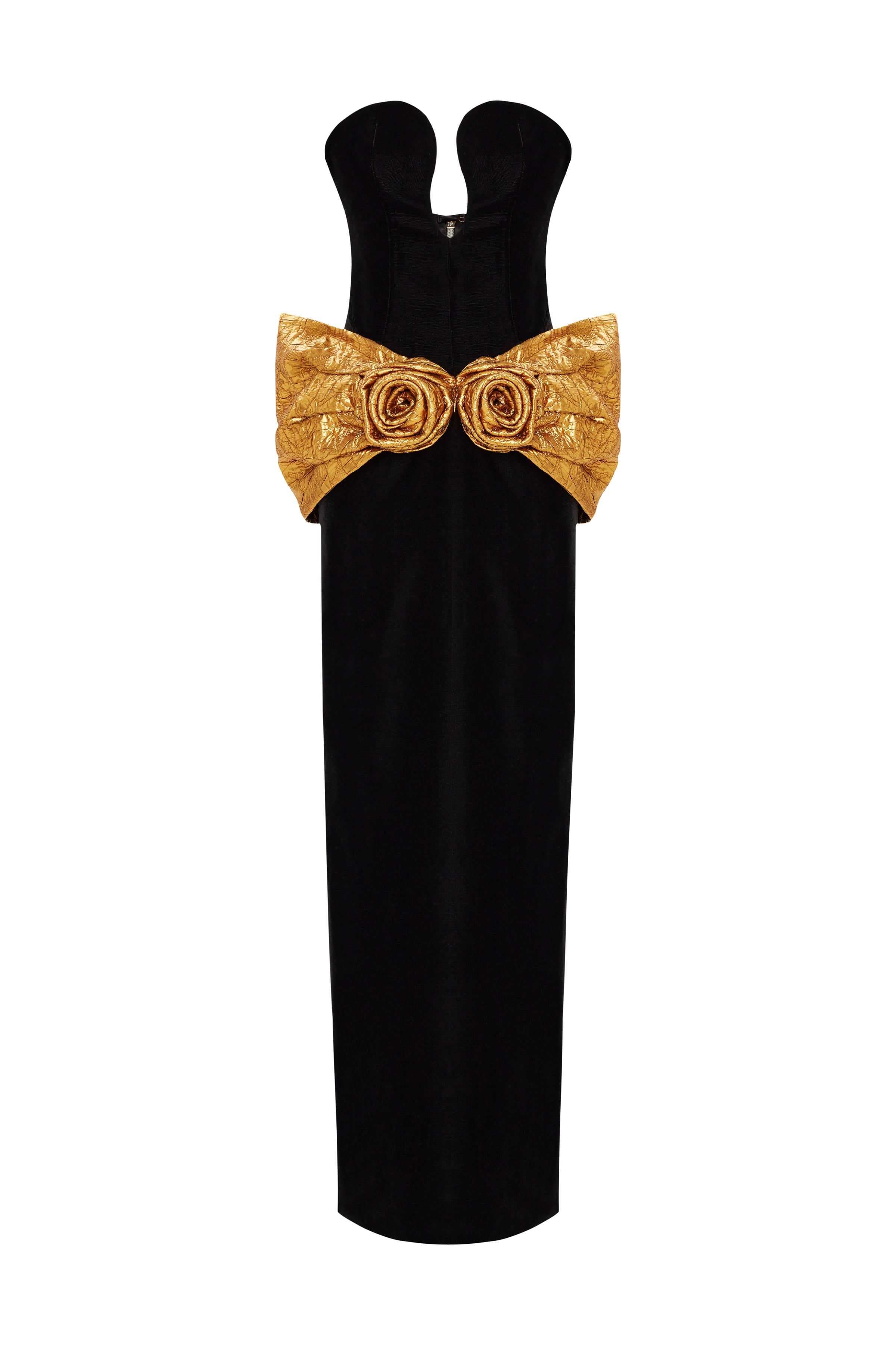 Black Velvet Strapless Dress With Handmade Gold Flower Detail RAISA VANESSA INT Black Velvet Strapless Dress With Handmade Gold Flower Detail RAISA VANESSA INT