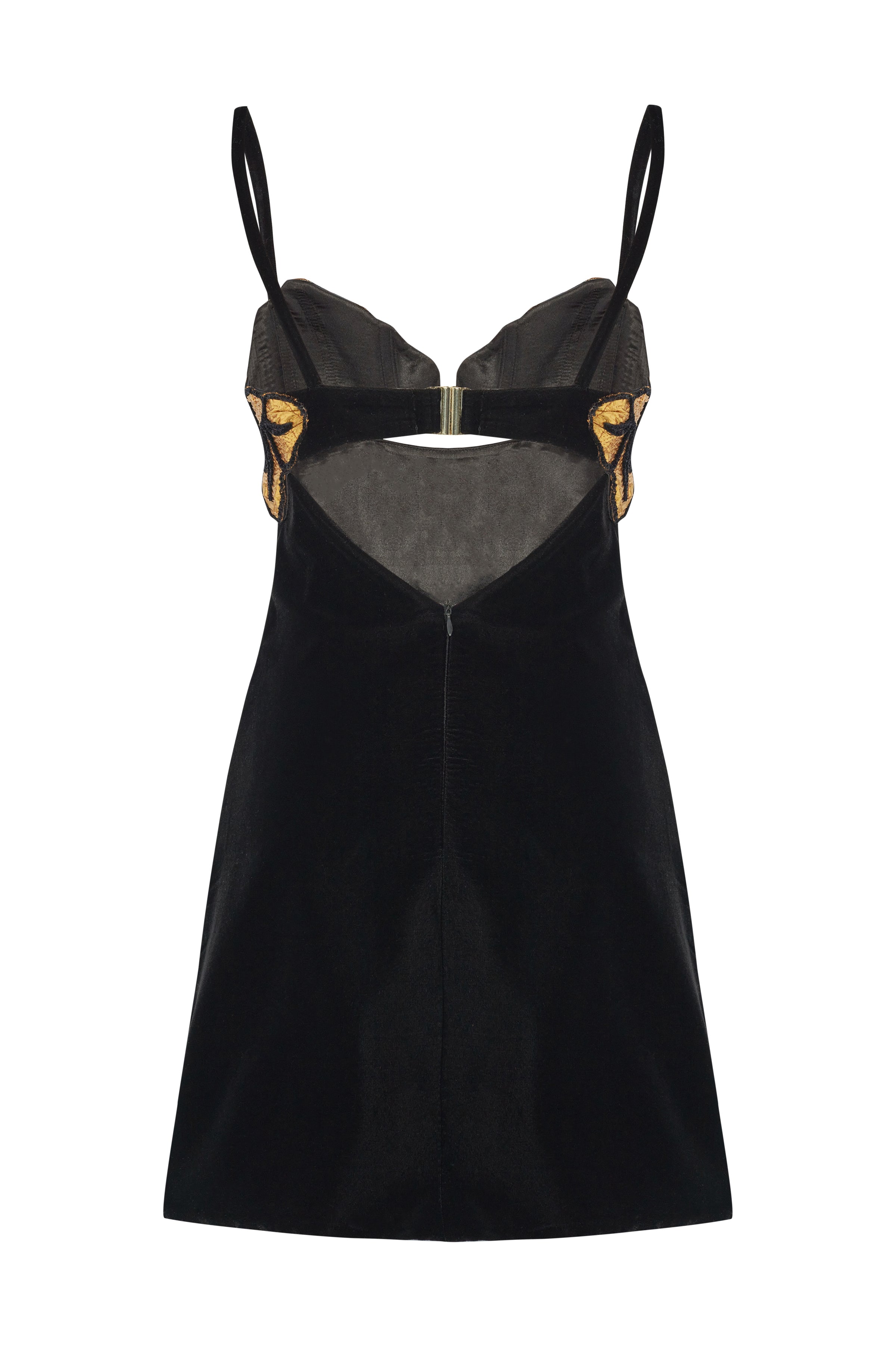 Black Velvet Strappy Mini Dress With Gold Flower Shaped Bra Detail RAISA VANESSA INT Black Velvet Strappy Mini Dress With Gold Flower Shaped Bra Detail RAISA VANESSA INT