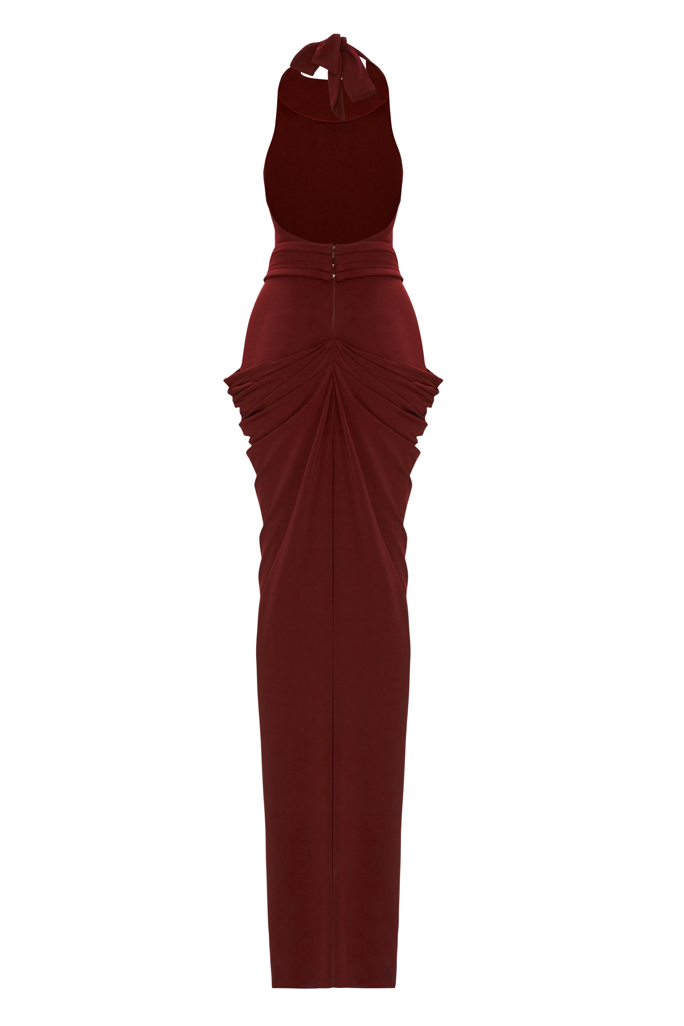 Burgundy Halter Neck Draped Backless Gown With Gold Buckle Detail RAISA VANESSA INT Burgundy Halter Neck Draped Backless Gown With Gold Buckle Detail RAISA VANESSA INT