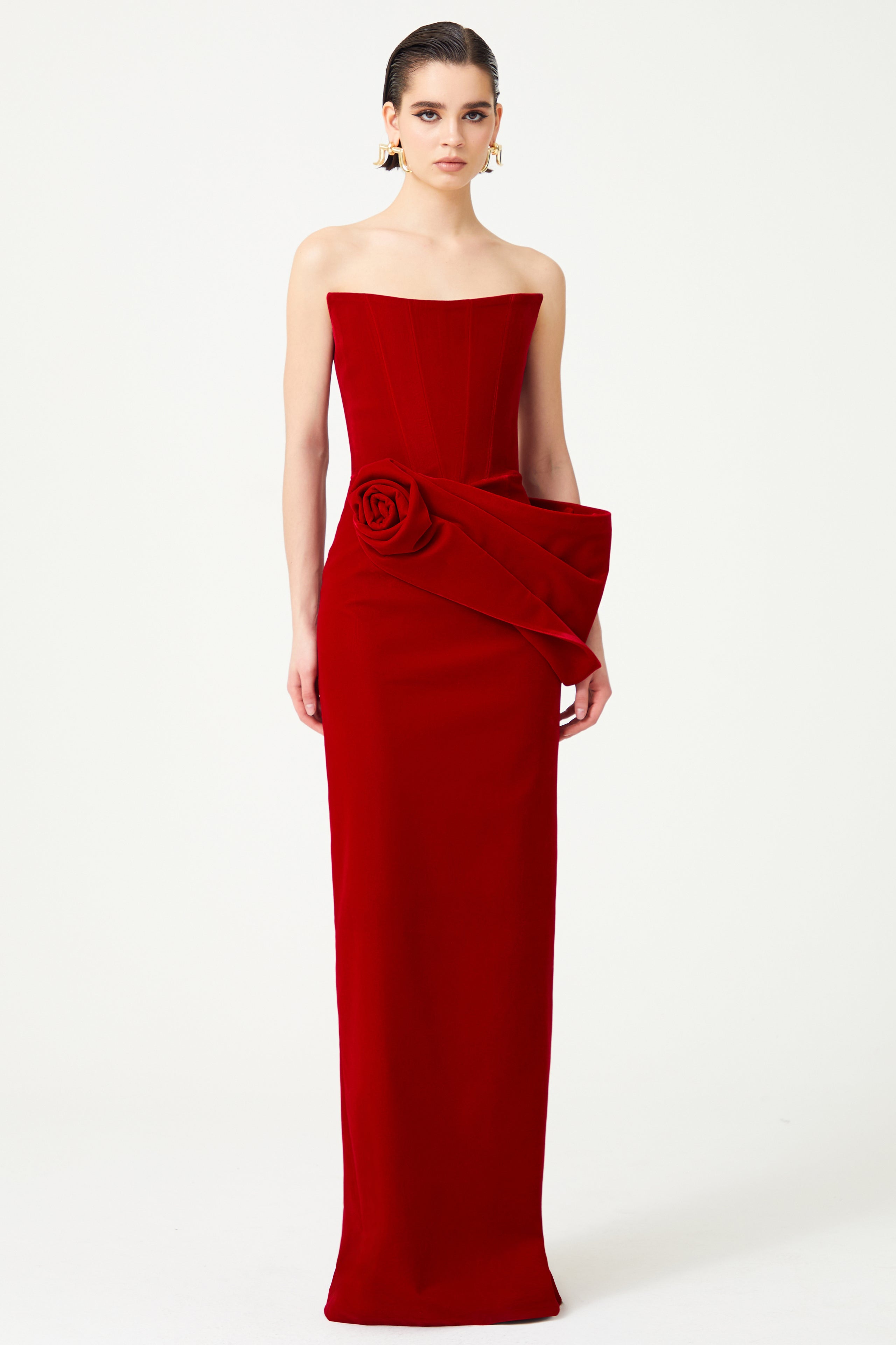 Red Silk Velvet Maxi Dress With Handmade Flower Detail – RAISA VANESSA INT Red Silk Velvet Maxi Dress With Handmade Flower Detail – RAISA VANESSA INT
