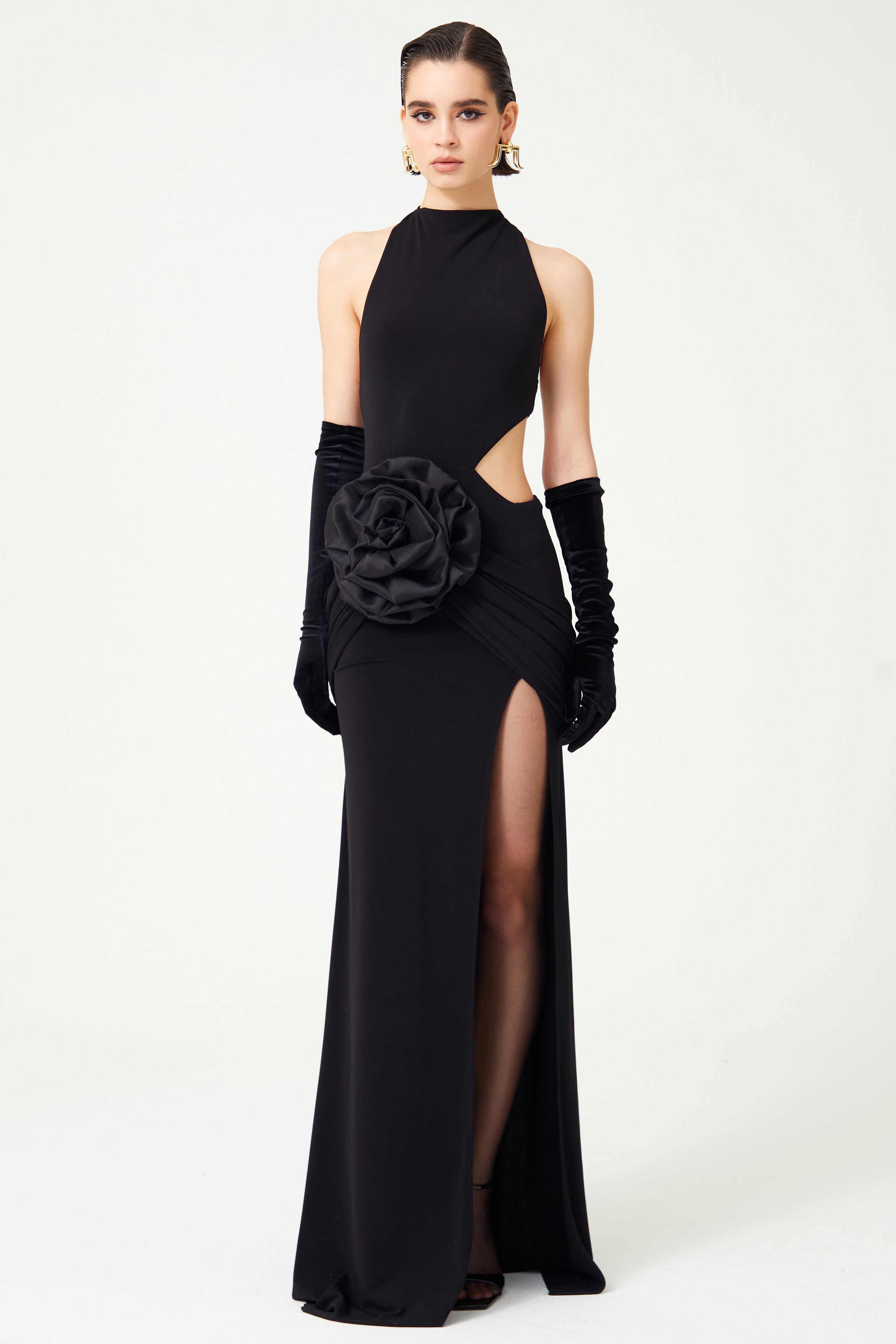 Black Stretchy Flower And Cutout Detailed Maxi Dress With Slit RAISA VANESSA INT Black Stretchy Flower And Cutout Detailed Maxi Dress With Slit RAISA VANESSA INT