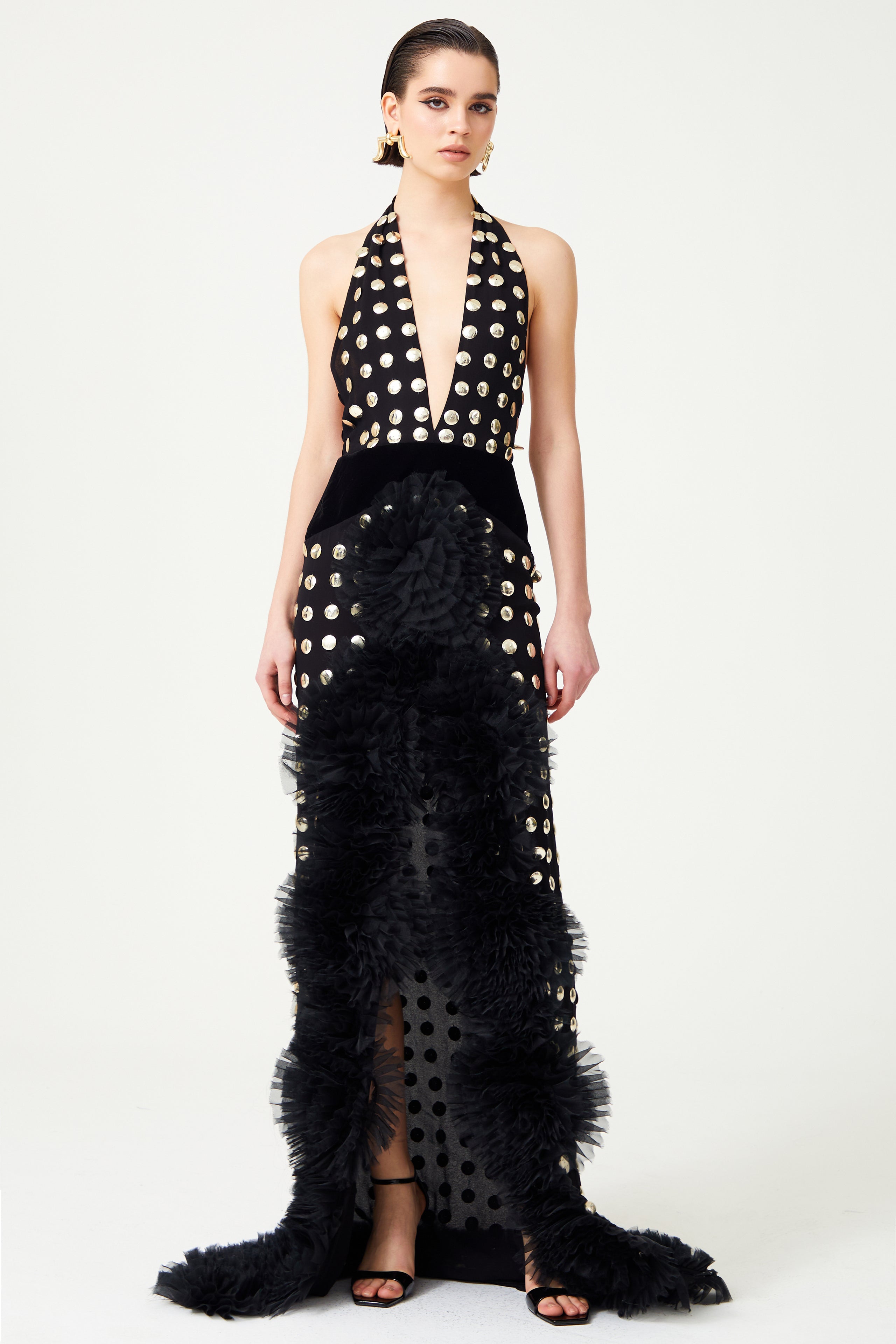 Black Handmade Gold Polka Dot Detailed Silk Chiffon Gown With Organza RAISA VANESSA INT Black Handmade Gold Polka Dot Detailed Silk Chiffon Gown With Organza RAISA VANESSA INT
