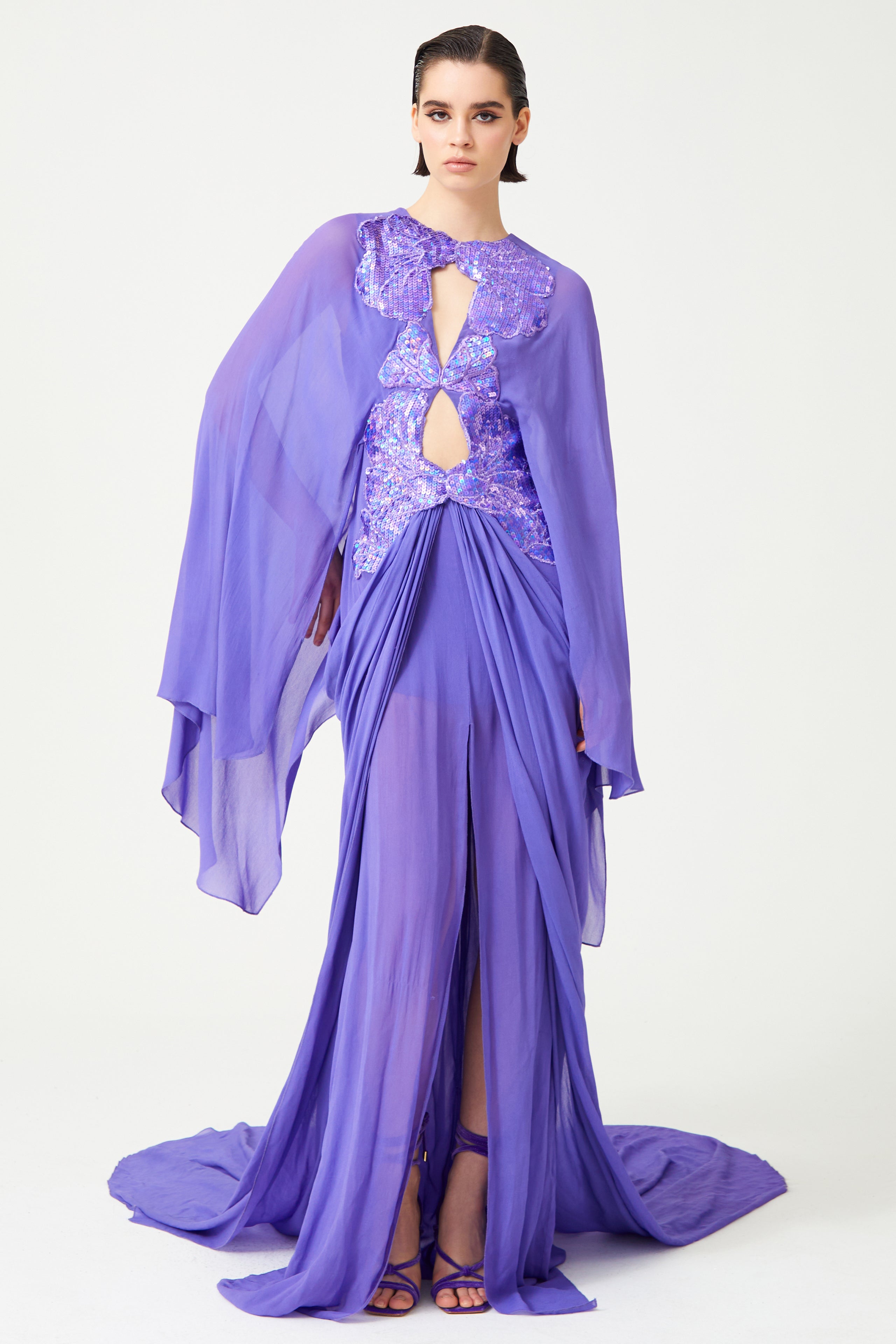 Lilac Sequin Embellished Flower Brouded Silk Chiffon Gown RAISA VANESSA INT Lilac Sequin Embellished Flower Brouded Silk Chiffon Gown RAISA VANESSA INT